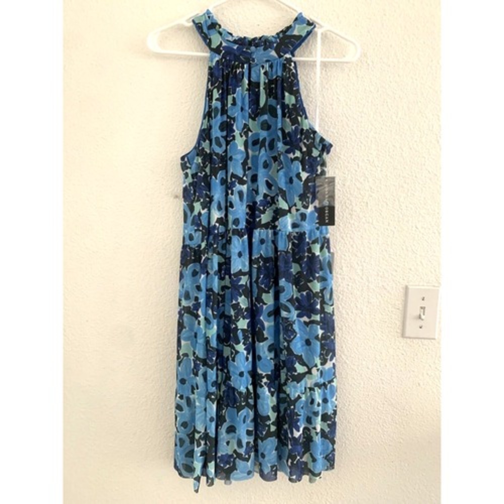 Donna‎ Morgan Floral Print Halter Neck Tiered Dress Sleeveless Blue Size - Picture 2 of 7